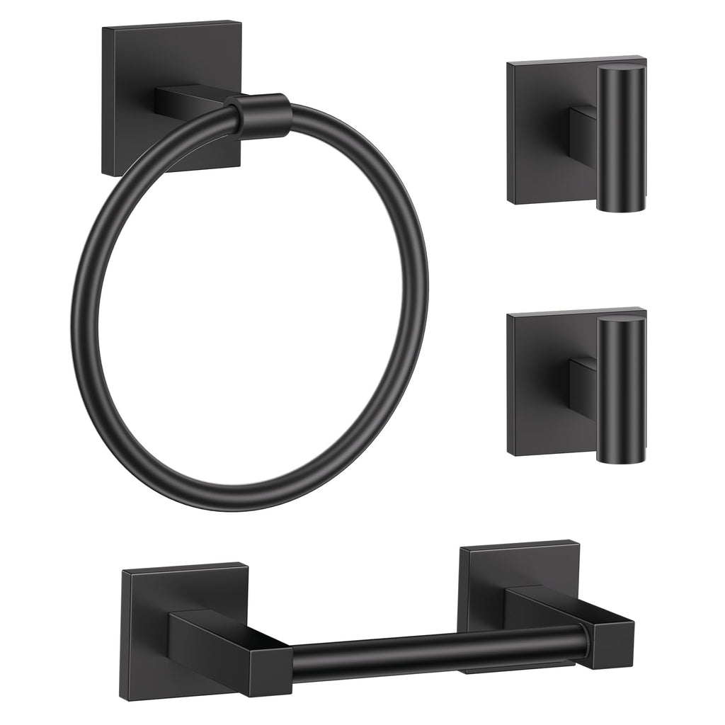 Matte Black Bathroom Accessories, Toilet Paper Holder, Towel Ring & Hooks