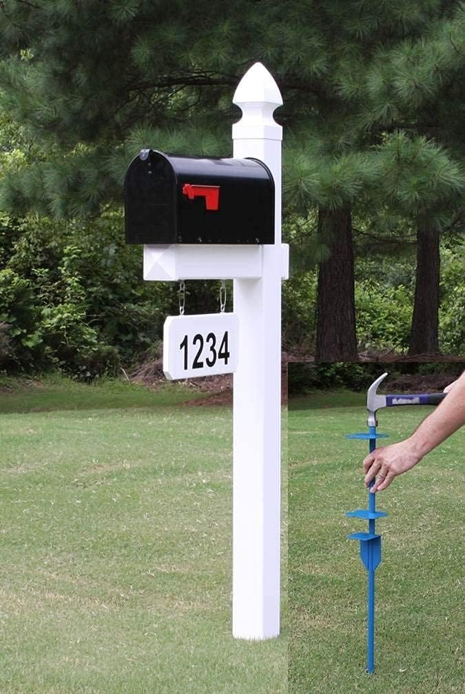 Loudon White Vinyl No-Dig Mailbox Post System & Mailbox | Includes a ground anchor stake for easy no-dig
