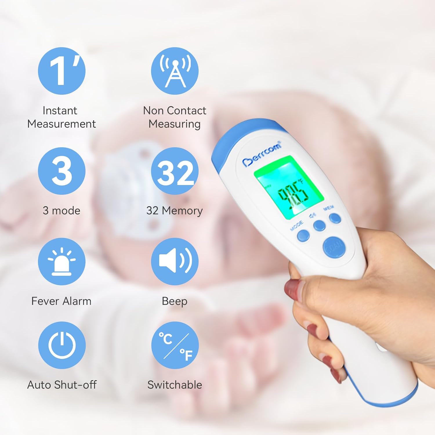 Non-Contact Infrared Forehead Thermometer for Adults and Kids, 3-in-1 Digital Fever Thermometers with LCD Display and