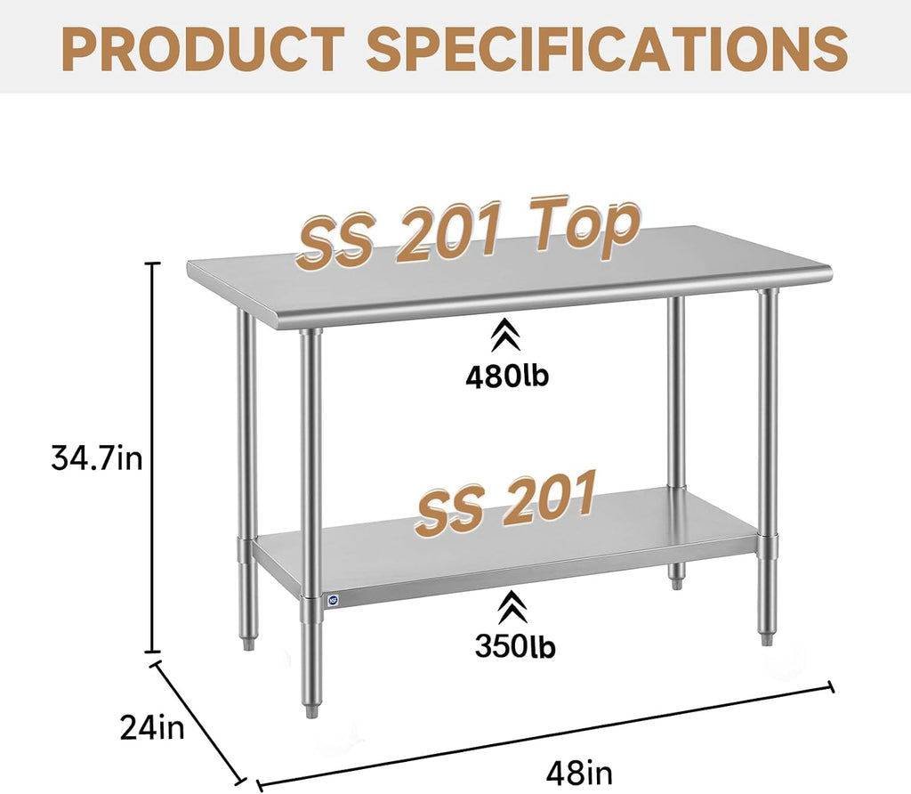 All Stainless Steel Table for Perp & Work 24x48 Inch,Commercial Heavy Duty Workbench with Stainless Legs & Adjustable