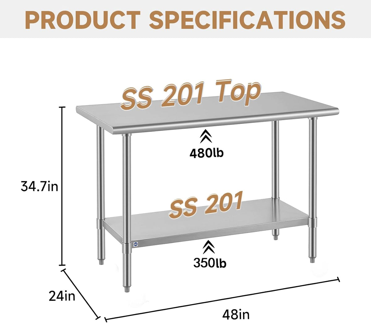 All Stainless Steel Table for Perp & Work 24x48 Inch,Commercial Heavy Duty Workbench with Stainless Legs & Adjustable