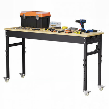 69" Heavy Duty Workbench, Rubber Wood Work Table, Workbench on Wheels, Height Adjustable Workstation Desk, Workshop