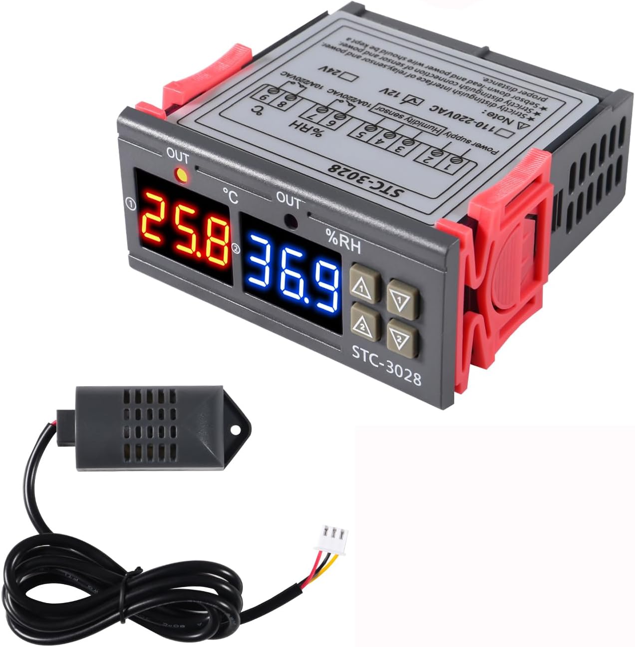 STC-3028 Temperature Controller 12V Temperature and Humidity Controller Meter with Integrated Sensor Dual Digital
