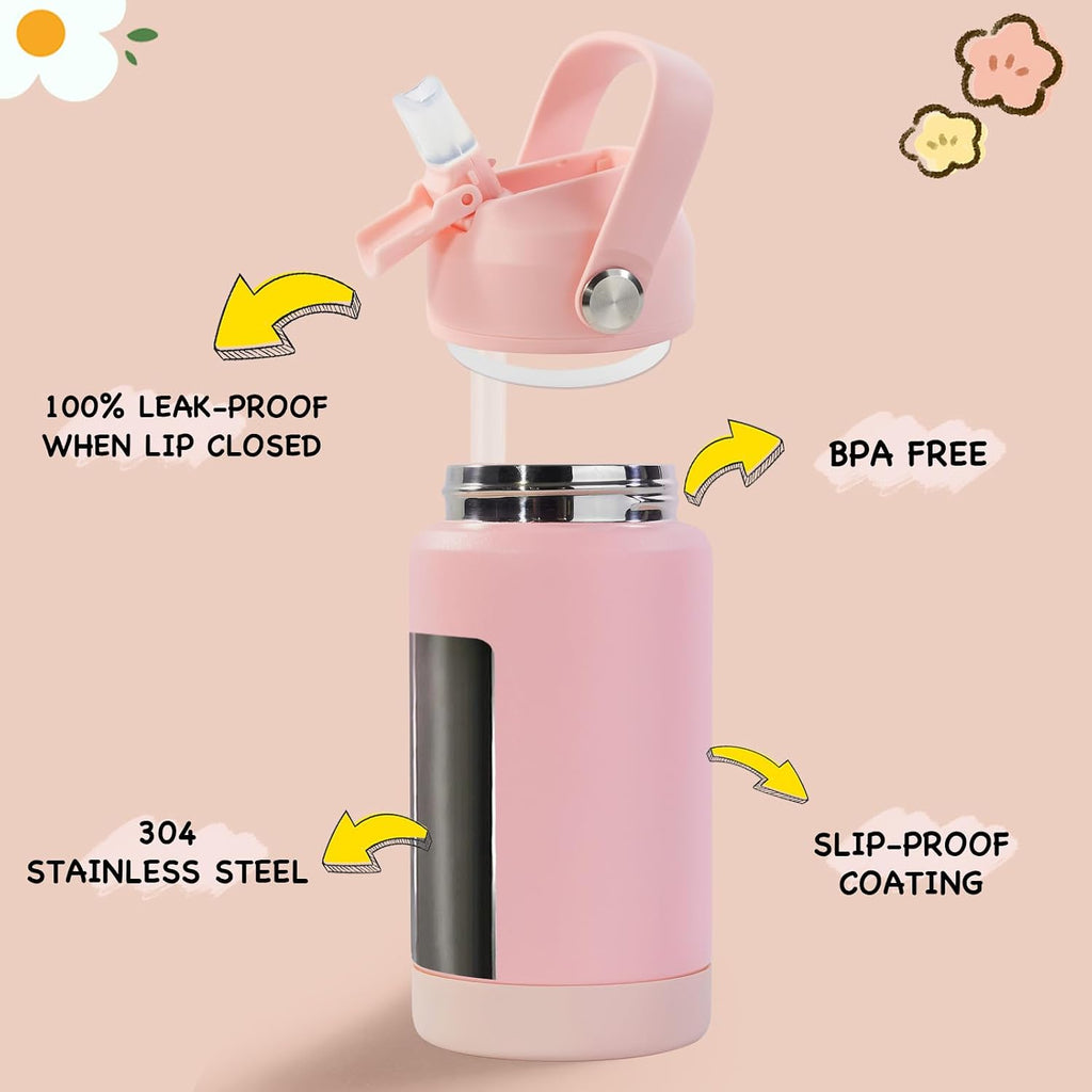 12oz Kids Water Bottle, Stainless Steel Insulated Water Bottle for Kids, Toddler Cup With Straws Leak-proof, Toddler