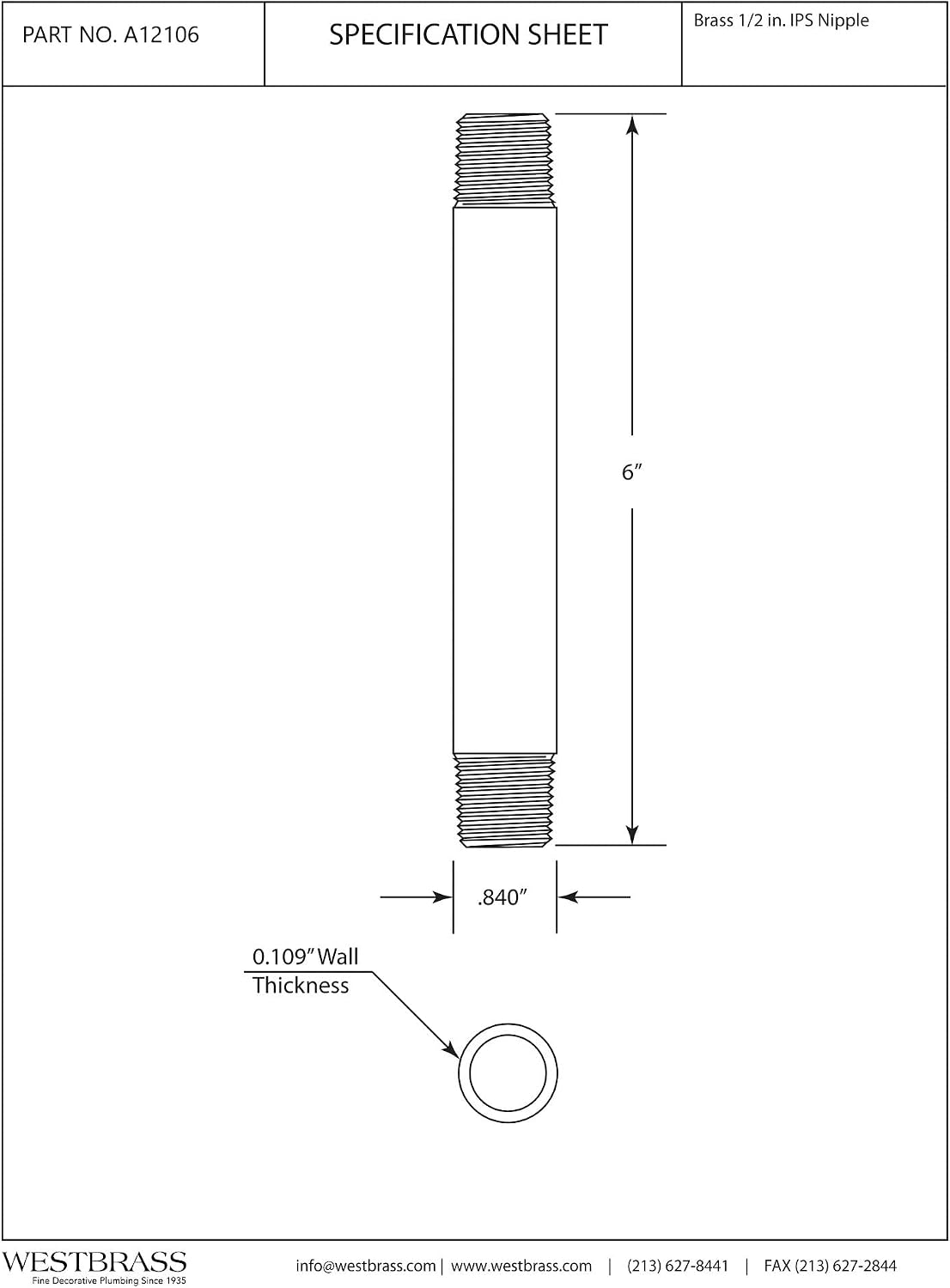 Westbrass A12106-26 ½” x 6" IPS Brass Pipe Nipple, Polished Chrome