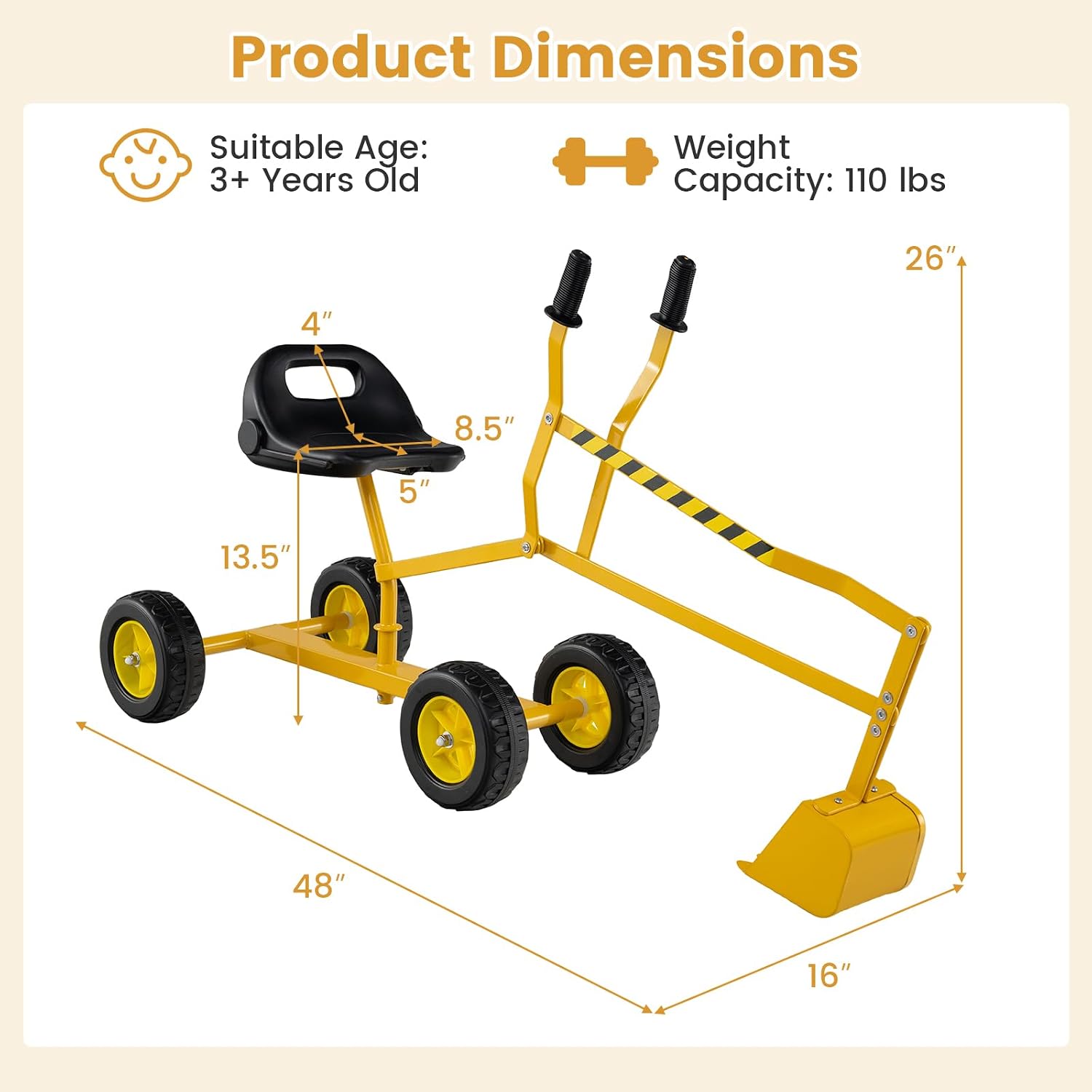 Sand Digger Excavator for Kids, Toddler Outdoor Sandbox Digger Crane w/Wheels & Flexible Shovel, 360° Rotatable Seat