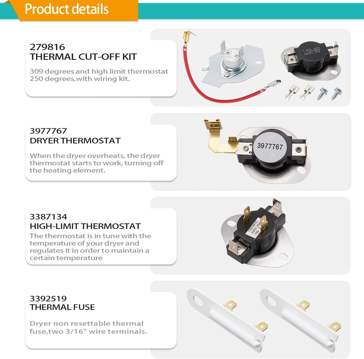 WED49STBW1 WED4850BW0 WED4850BW1 Dryer Heating Element Kit for Whirlpool