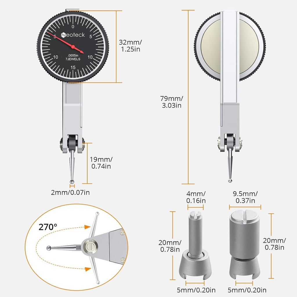 Neoteck 0.03"/0.0005" Dial Test Indicator with 132lbs(60kg) Magnetic Base
