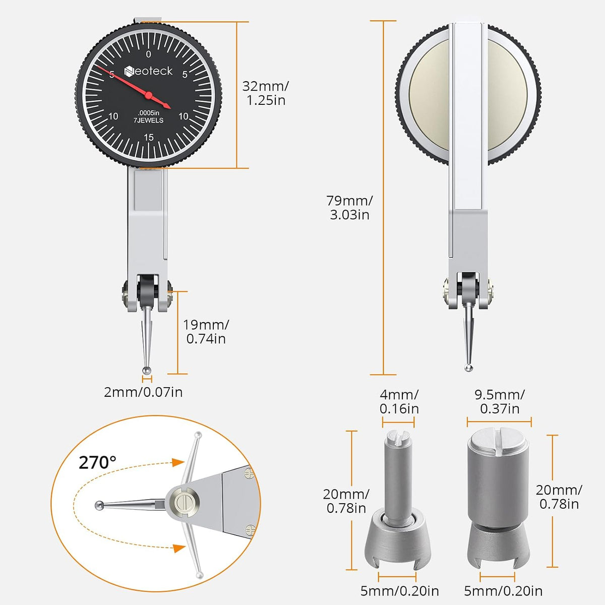 Neoteck 0.03"/0.0005" Dial Test Indicator with 132lbs(60kg) Magnetic Base