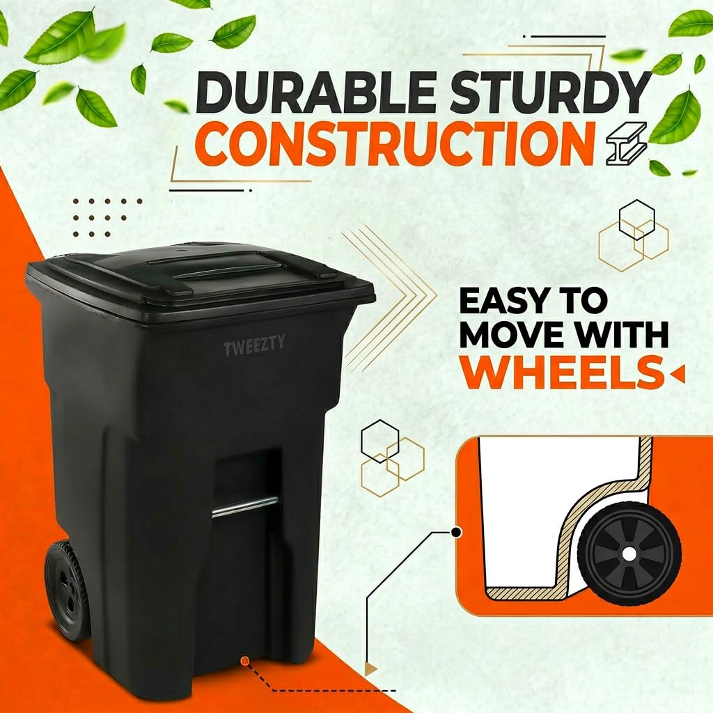 96 Gallon Rolling Outdoor Trash Can with Lid – Heavy‑Duty Plastic Garbage Container for Home, Business, and Curbside