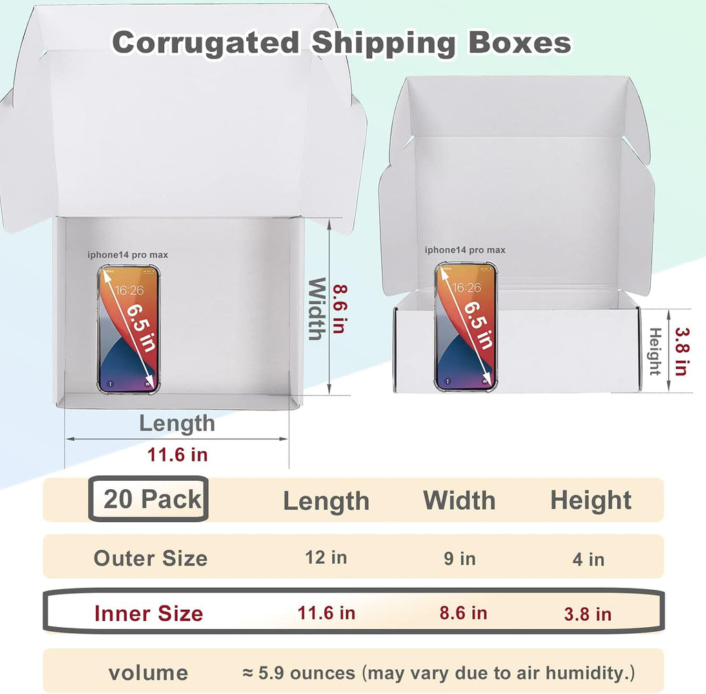 12x9x4 Shipping Boxes, 20 Pack White Literature Mailer Corrugated Cardboard Box for Small Business Mailing Packaging