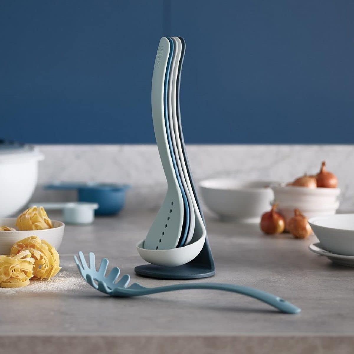 Nest Utensils Compact Stacking Kitchen Tool Set with Magnetic Storage Stand Nylon, 5-piece, Editions- Sky,Blue
