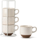 Large Ceramic Coffee Mug Set of 4 with Stand, 15 Oz Stackable Different Embossment Ribbed Latte Cup Set for
