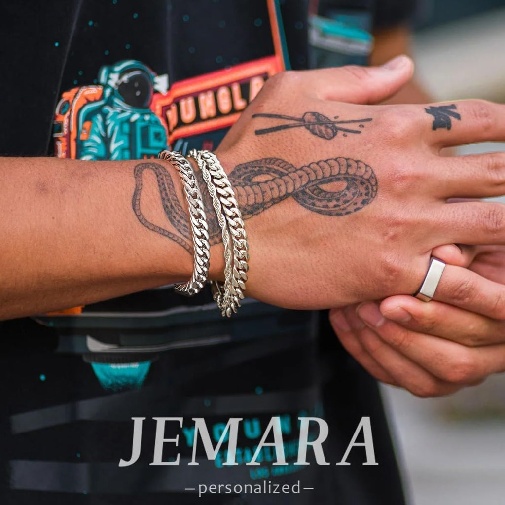 3Pcs Stainless Steel Mens Bracelet | Adjustable Sturdy Silver Cuban Chain Bracelet Set for Men