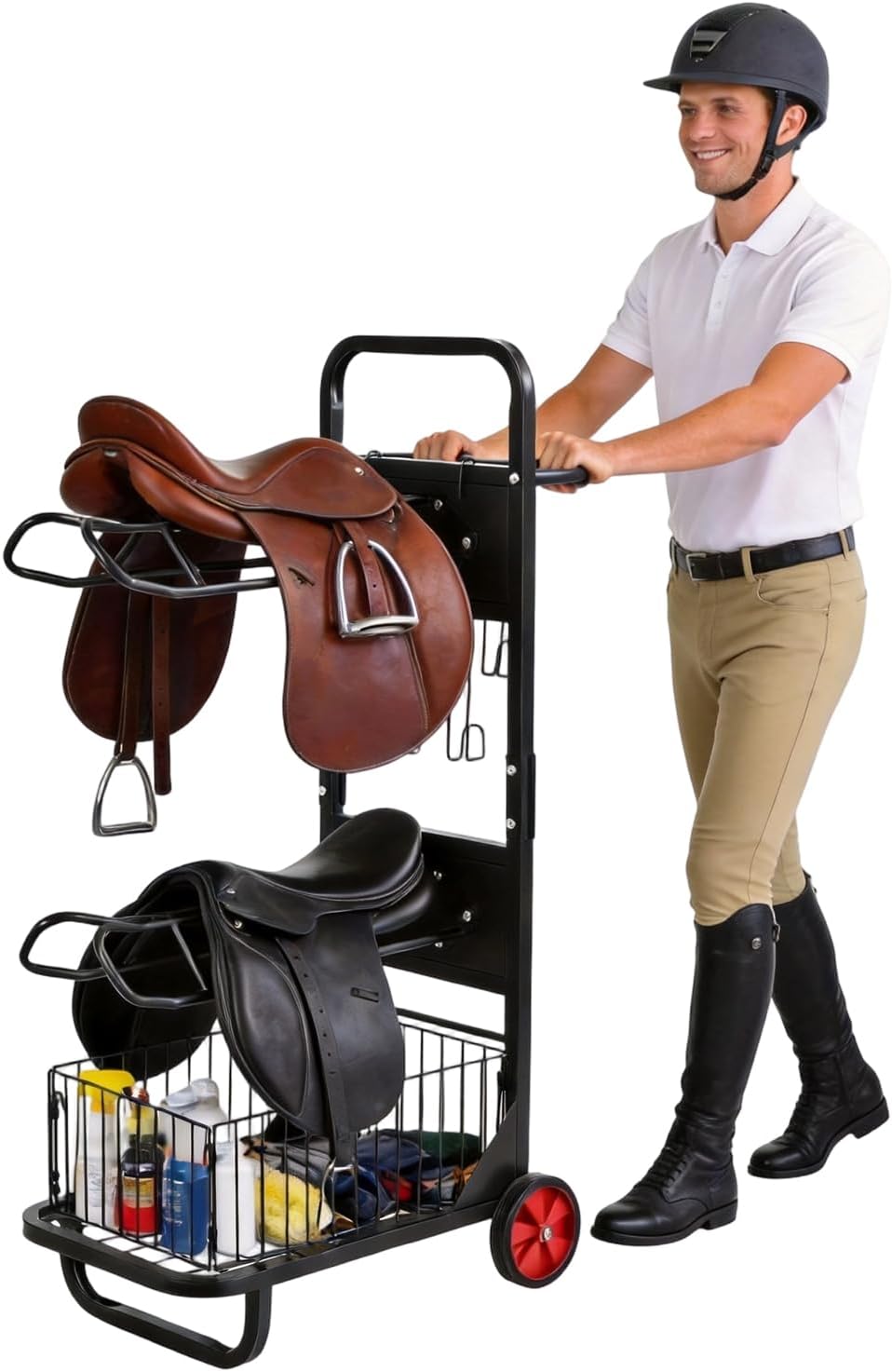 Saddle Rack Cart, Portable Saddle Stand with Wheels, 3 Tier Heavy Duty Horse Equipment Cart with Removable Saddles