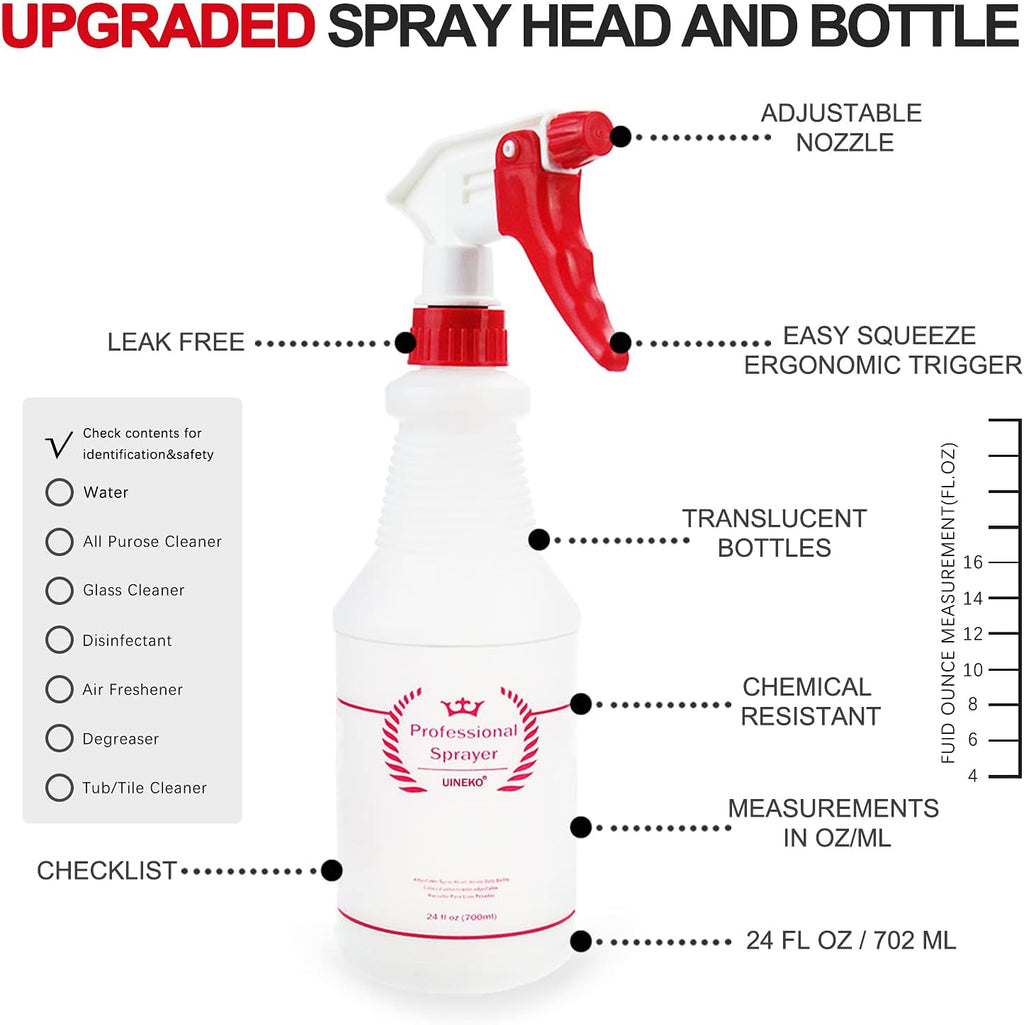 Plastic Spray Bottle (4 Pack, 24 Oz, All-Purpose) Heavy Duty Spraying Bottles Leak Proof Mist Empty Water Bottle for
