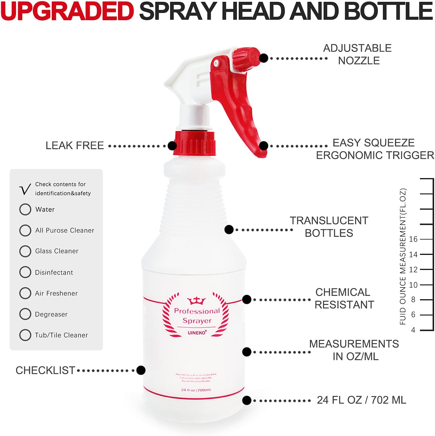 Plastic Spray Bottle (4 Pack, 24 Oz, All-Purpose) Heavy Duty Spraying Bottles Leak Proof Mist Empty Water Bottle for