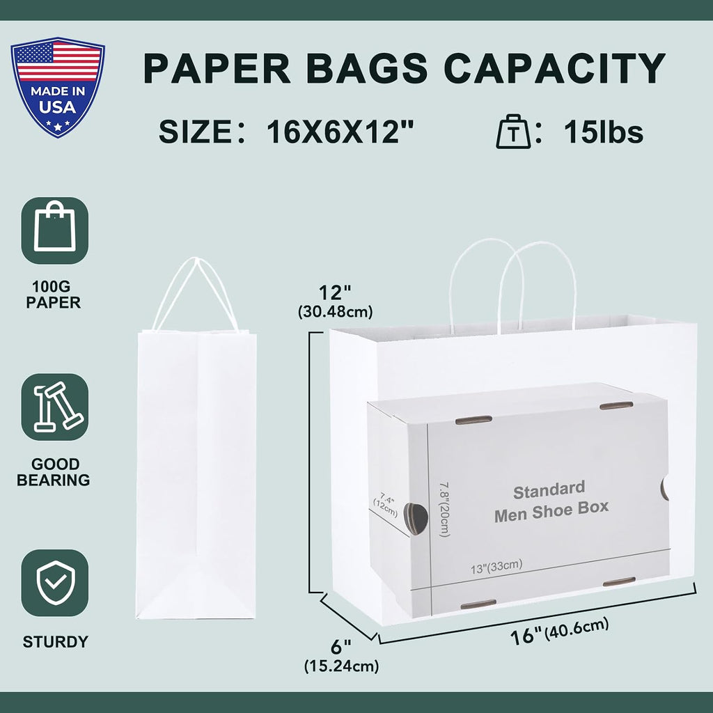 Large White Paper Bags 16 x 6 x 12 Inch 25 Pack