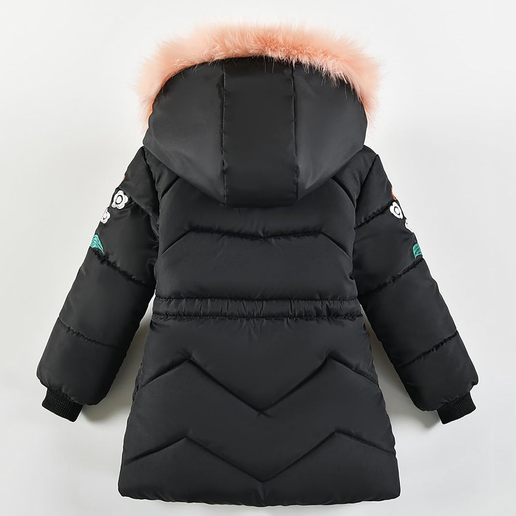 Girls Winter Coat Cute Zip Up Puffer Jackets Kids Warm Solid Quilted Padded Down Jacket Outwear with Faux Fur Hood