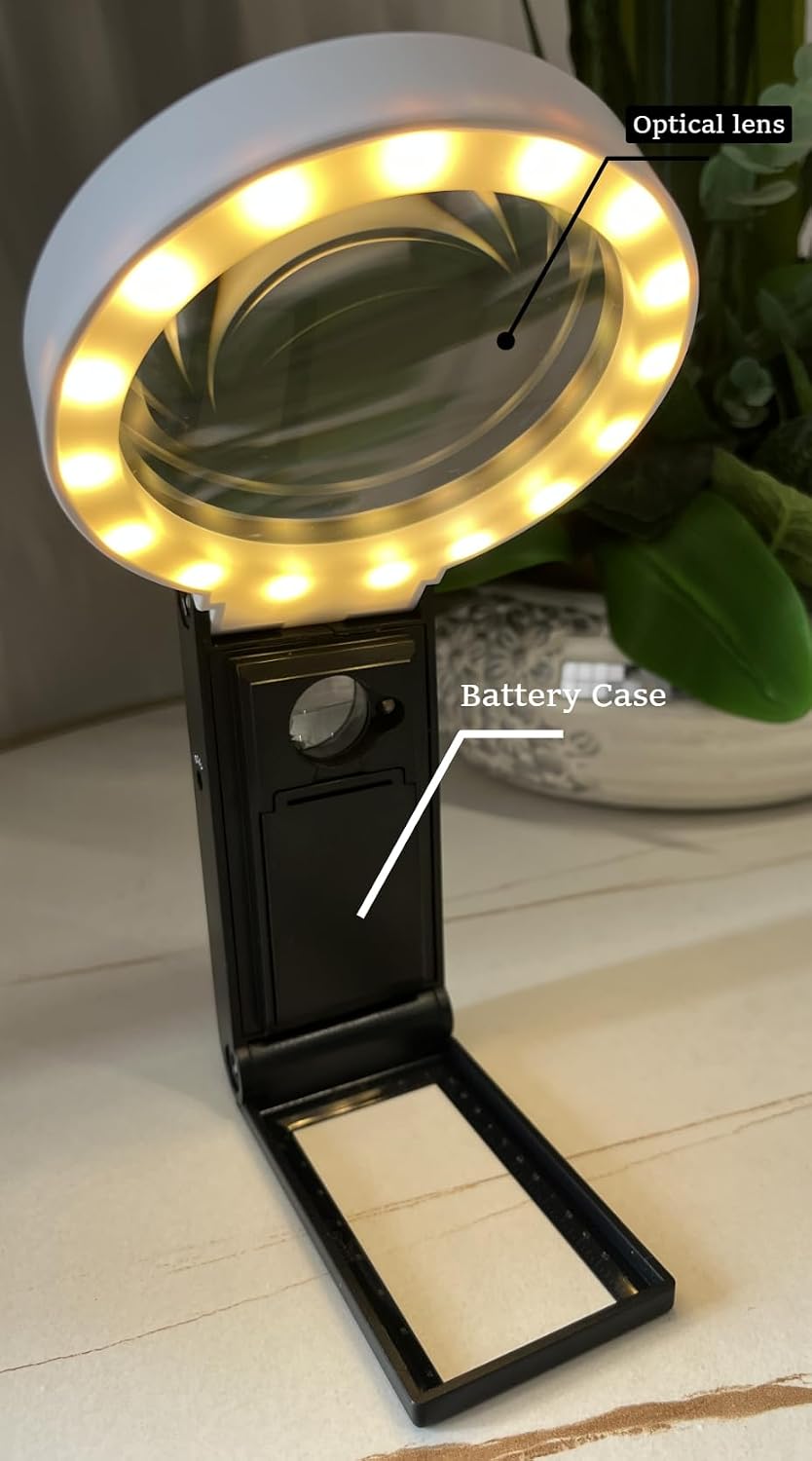 Handheld Magnifying Glass with LED Light with Stand, 10X and 25X Combined Magnification, Large Lens,Powered by