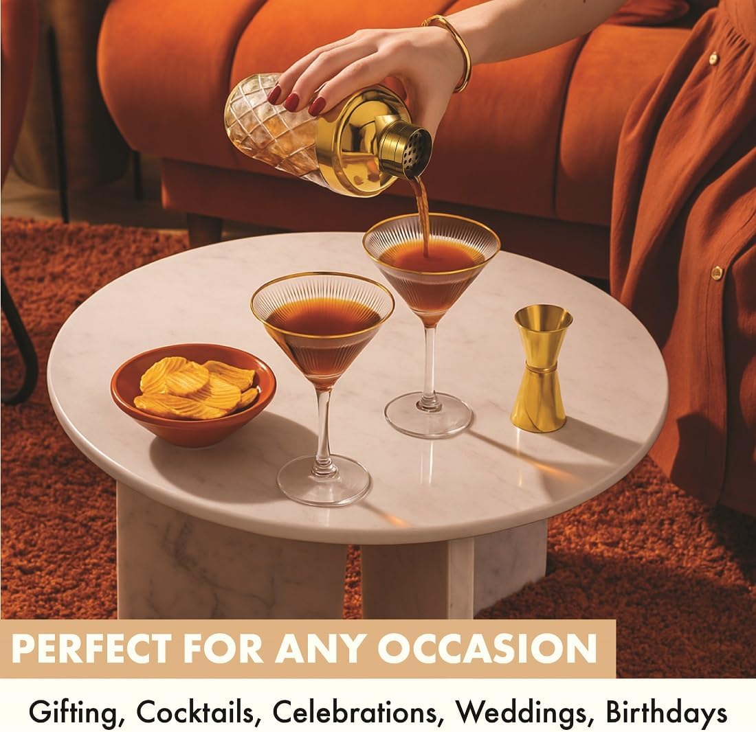 Gold Cocktail Shaker Set + 2 Ribbed Martini Glasses & Bar Tools