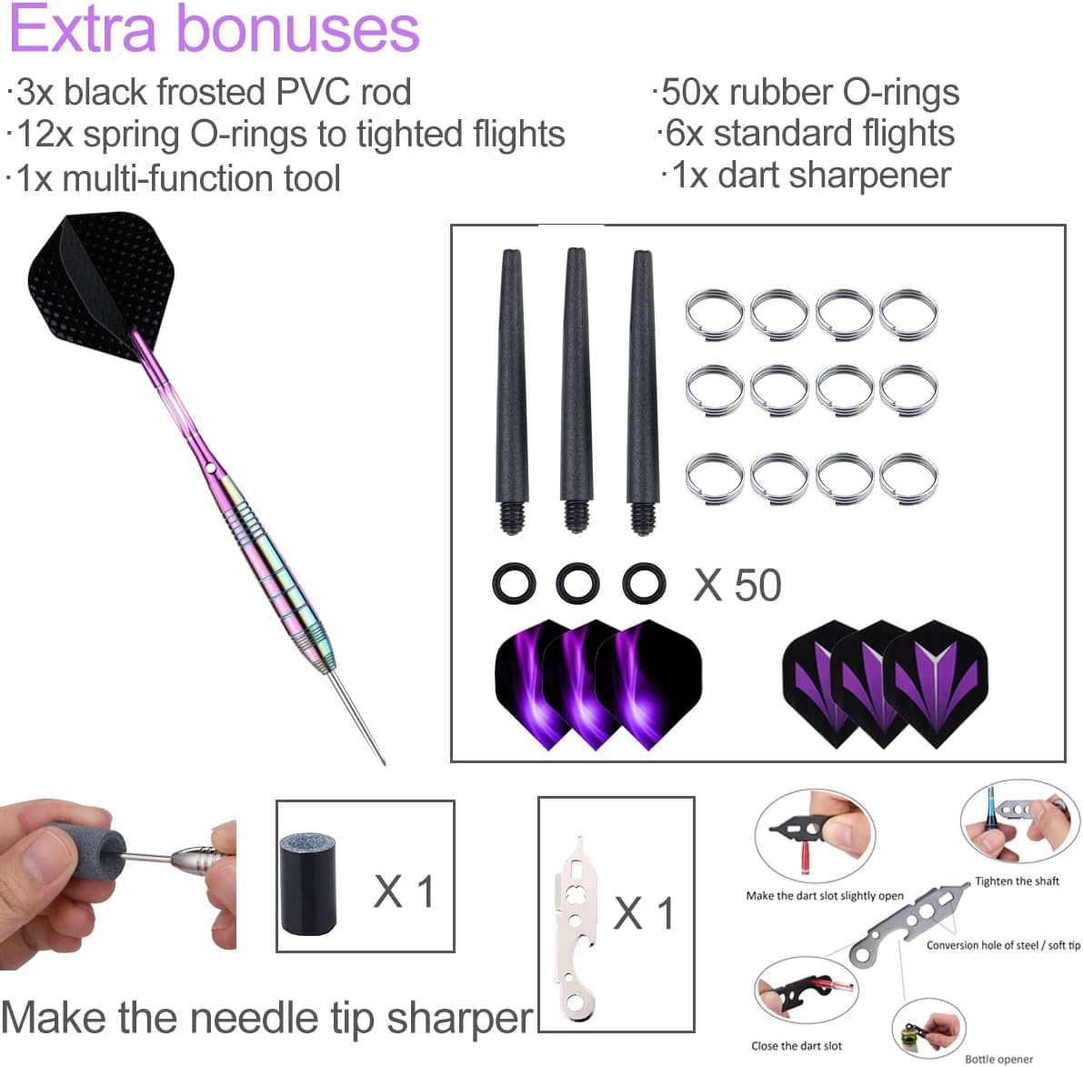 Steel Tip Darts Set for Dartboard, Professional Brass Darts Metal Tip Black Purple Aluminium Nylon Shafts 9 Flights