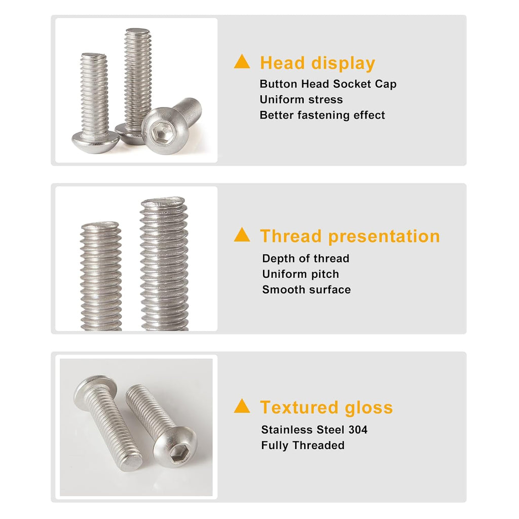 #10-32 x 1-1/4" Button Head Socket Cap Screws Bolts, Stainless Steel 18-8 (304), Metric Allen Hex Drive, Fully Threaded, Bright Finish, 30 PCS
