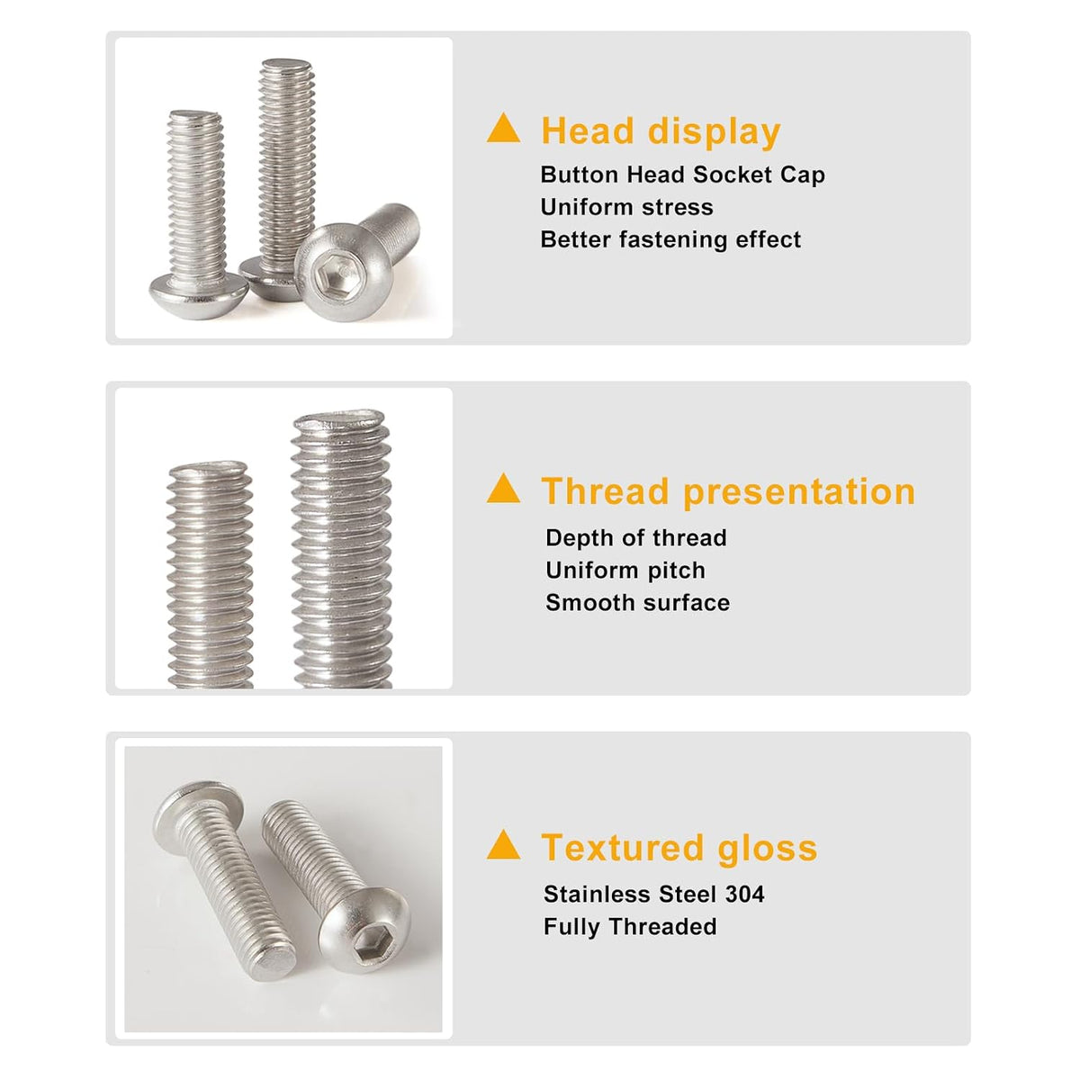 #10-32 x 1-1/4" Button Head Socket Cap Screws Bolts, Stainless Steel 18-8 (304), Metric Allen Hex Drive, Fully Threaded, Bright Finish, 30 PCS