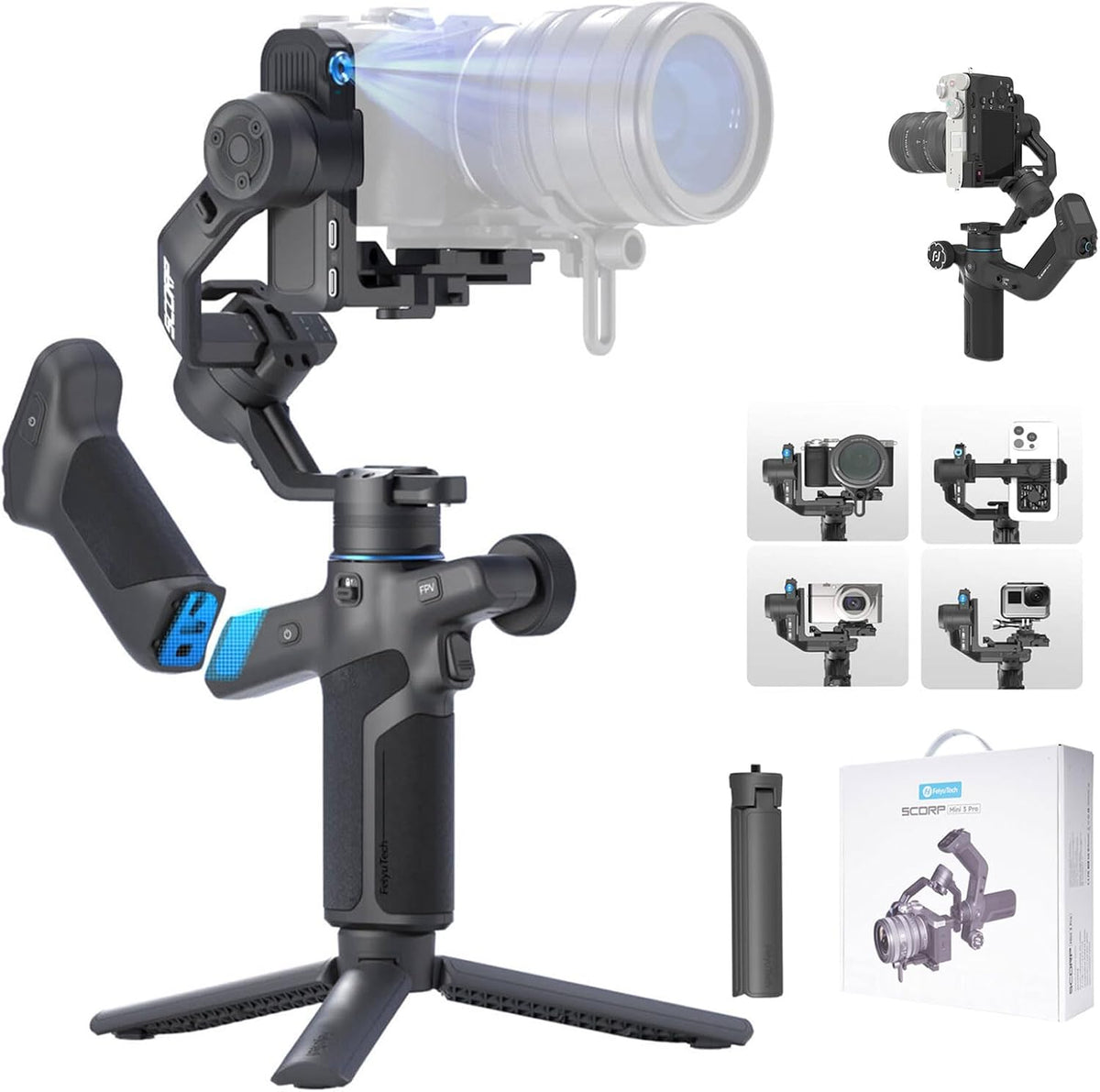 SCORP Mini-3-Pro Gimbal Stabilizer for Camera Mirrorless/Compact/Action Cameras,Smartphone,18m AI Tracking,Detachable