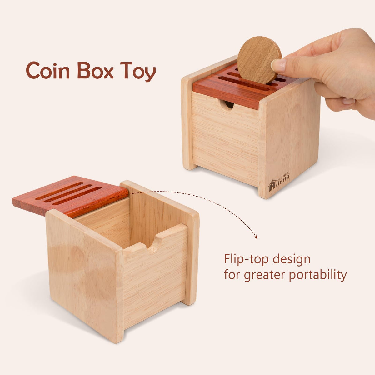 Wooden Coin Box with Lid Object Permanence 6-12 Months