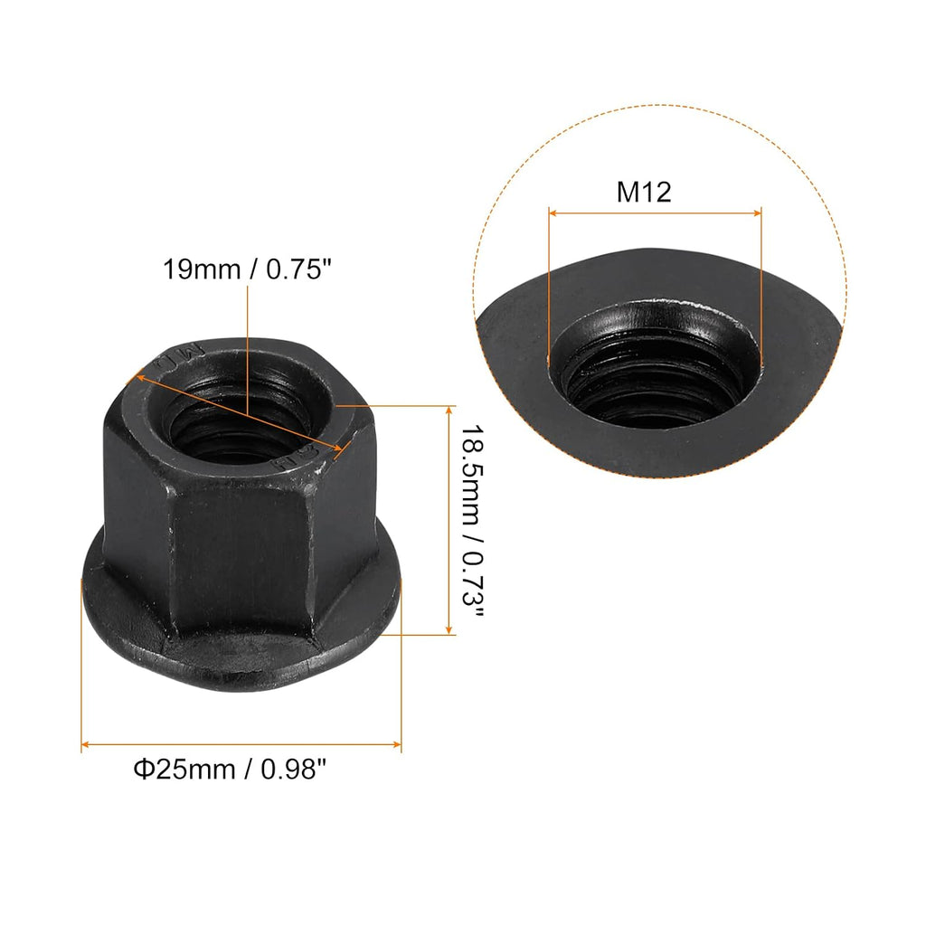 uxcell 2pcs M12 Flange Hex Nuts, Grade 10.9 Carbon Steel Black Oxide