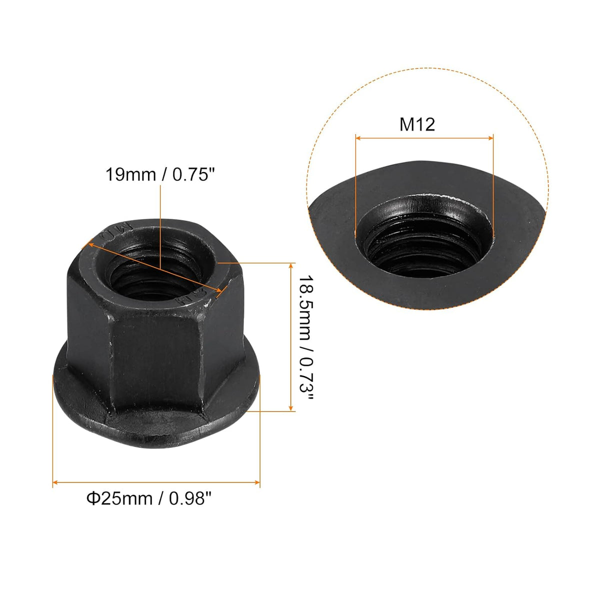 uxcell 2pcs M12 Flange Hex Nuts, Grade 10.9 Carbon Steel Black Oxide