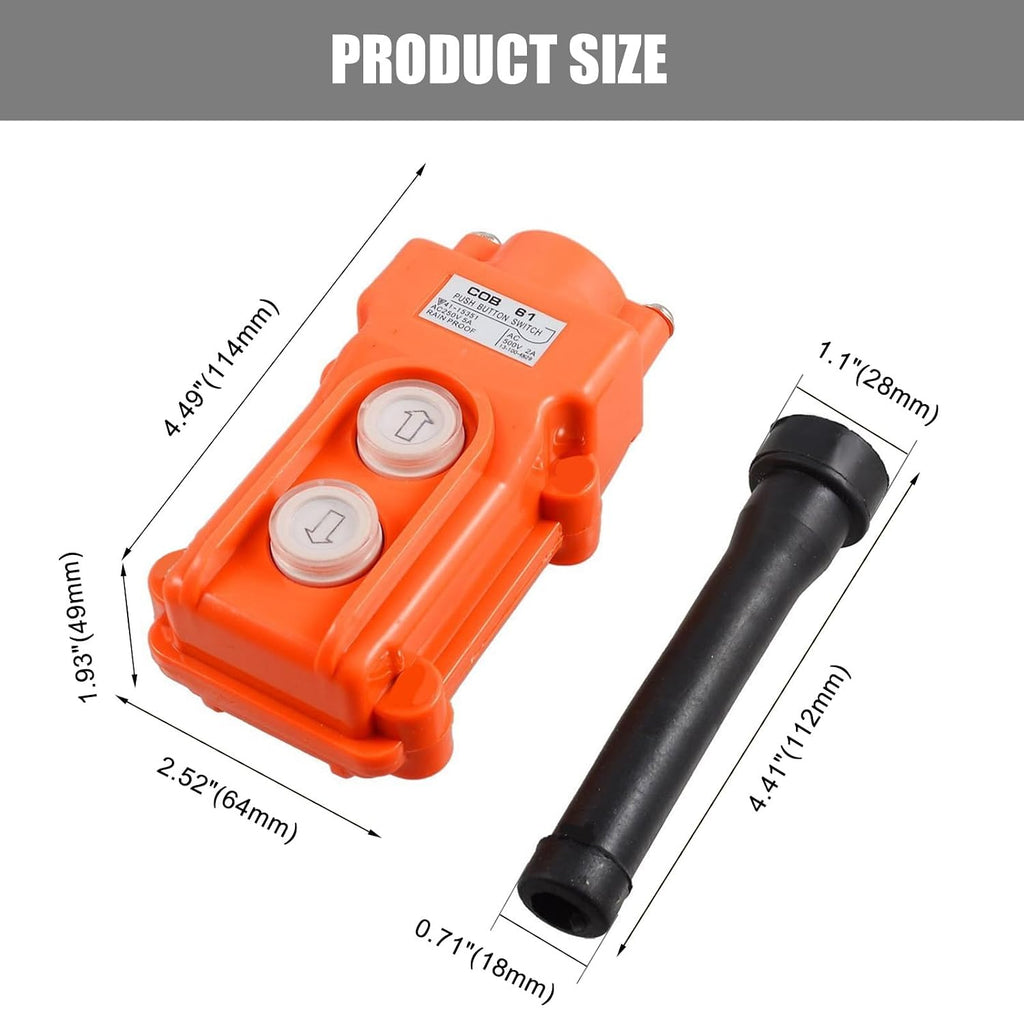 2 Ways Hoist Crane Push Button Switch Rainproof COB-61, 250V, 5 Amp, 500V, 2 Amp, Orange Up Down Switch with Rubber Cable Barrel