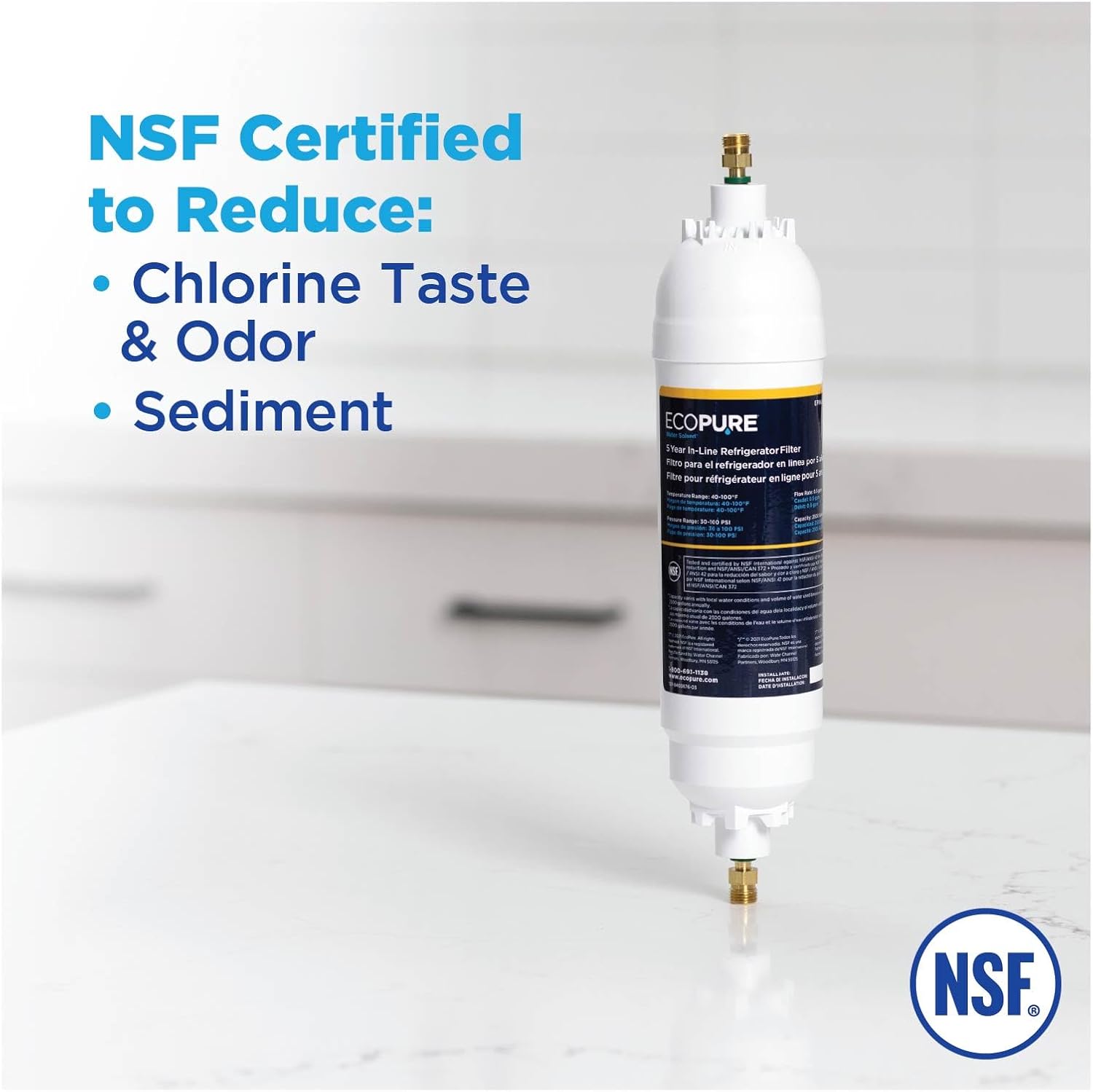 EPINL30 5-Year In-Line Refrigerator Water Filter – Universal Fit for Most Fridges, Ice Makers, RVs & Boats – Reduces