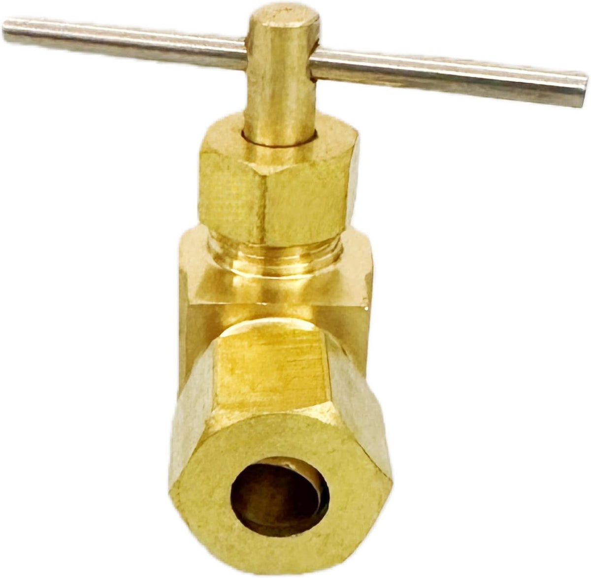 Angle Brass Needle Valve, 1/4" Compression to 1/4" Male Pipe Thread