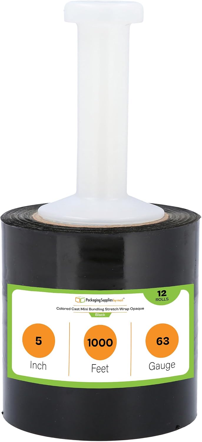 PSBM 12 Rolls Dark Black 5 Inch x 1000 Feet 63 Gauge Mini Stretch Film/Wrap with Plastic Handle, Industrial Strength