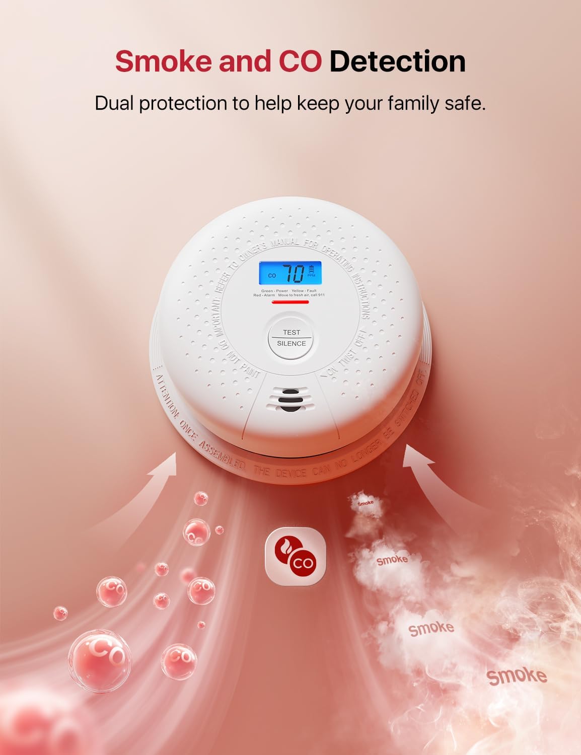Smoke Detector and Carbon Monoxide Detector, SC01, 1-Pack | 10-Year Sealed Battery (Not Hardwired), Real-Time CO and