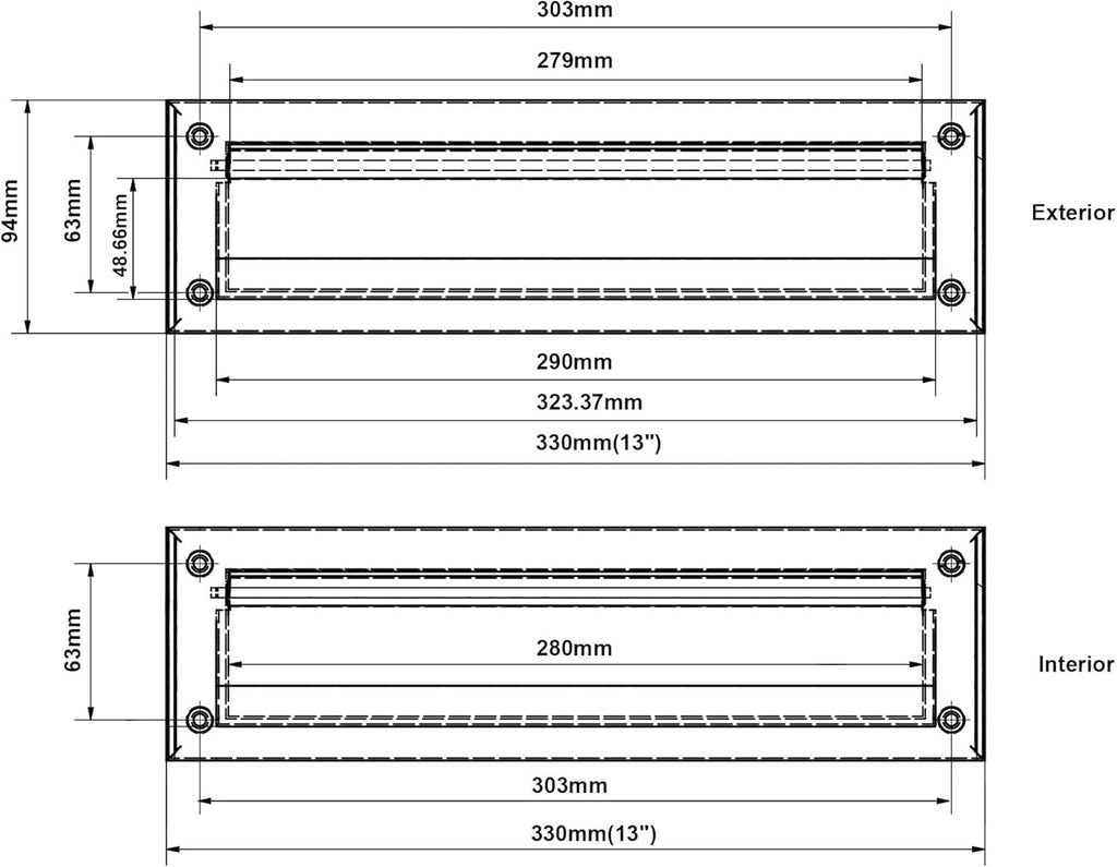 Polished Brass 13 inch 1-Pack Solid Brass Mail Slot with Solid Brass Internal Frame is Well Made Door Mail Slots