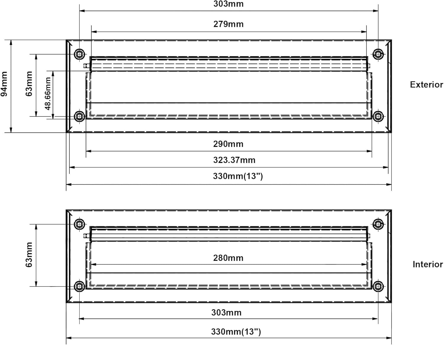 Polished Brass 13 inch 1-Pack Solid Brass Mail Slot with Solid Brass Internal Frame is Well Made Door Mail Slots