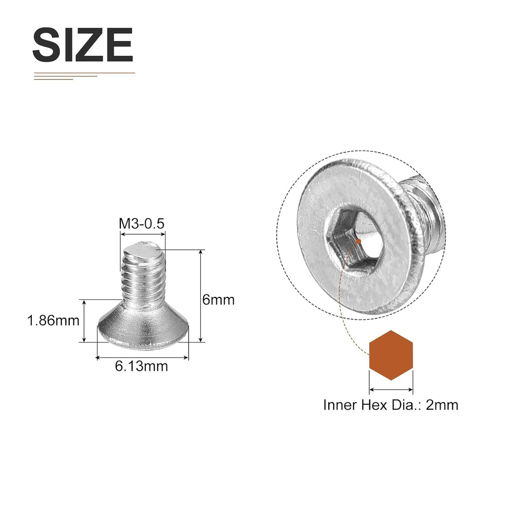 DTGN M3-0.5 x 6mm Flat Head Socket Cap Screws, 100 Pack 304 Stainless Steel Hex Socket Flat Head Screws, Full Thread, Countersunk Bolts