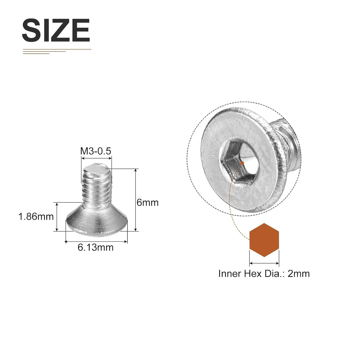 DTGN M3-0.5 x 6mm Flat Head Socket Cap Screws, 100 Pack 304 Stainless Steel Hex Socket Flat Head Screws, Full Thread, Countersunk Bolts