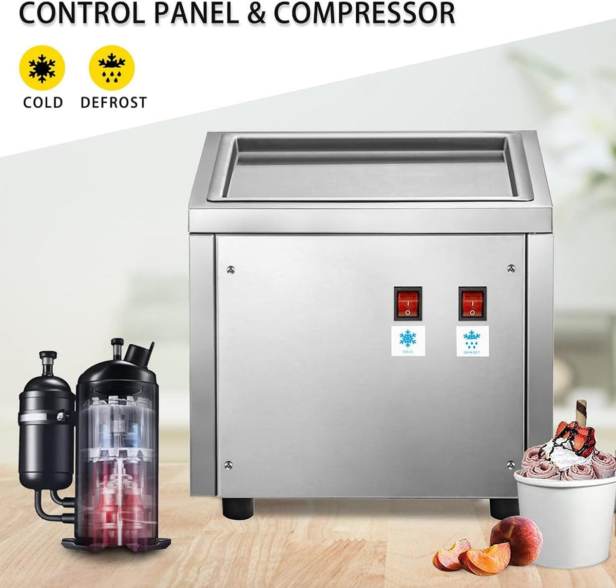 220W Commercial Rolled Ice Cream Machine, Stainless Steel Stir-Fried Ice Cream Roll Maker, Yogurt Fry ice Cream