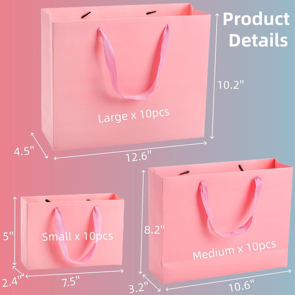 30 Pack Pink Gift Bags, Heavy Duty Kraft Paper Bag