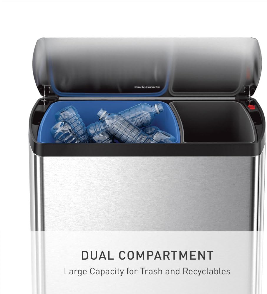 Rectangular Dual Compartment Recycling Kitchen Step Trash Can, 46 Liter, Brushed Stainless Steel