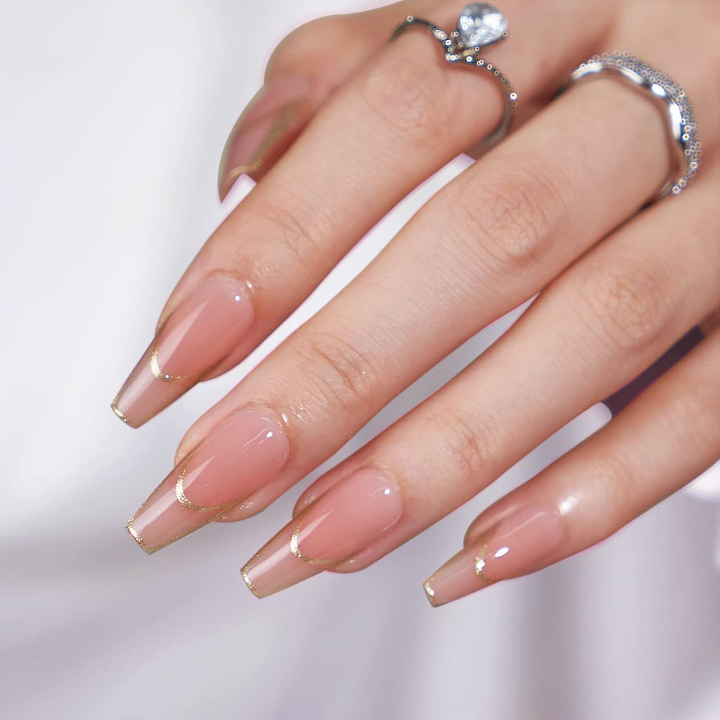 Press On Nails, Long Coffin French Tip Nails, 32 Pcs Full Kit