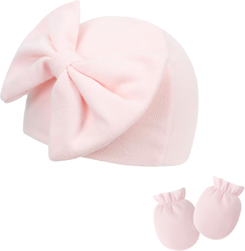 Newborn Beanies Cap No Scratch Mittens Set 0-6 Months Infant Bow Caps Baby Girls Boys Cute Nursery Headbands Hats