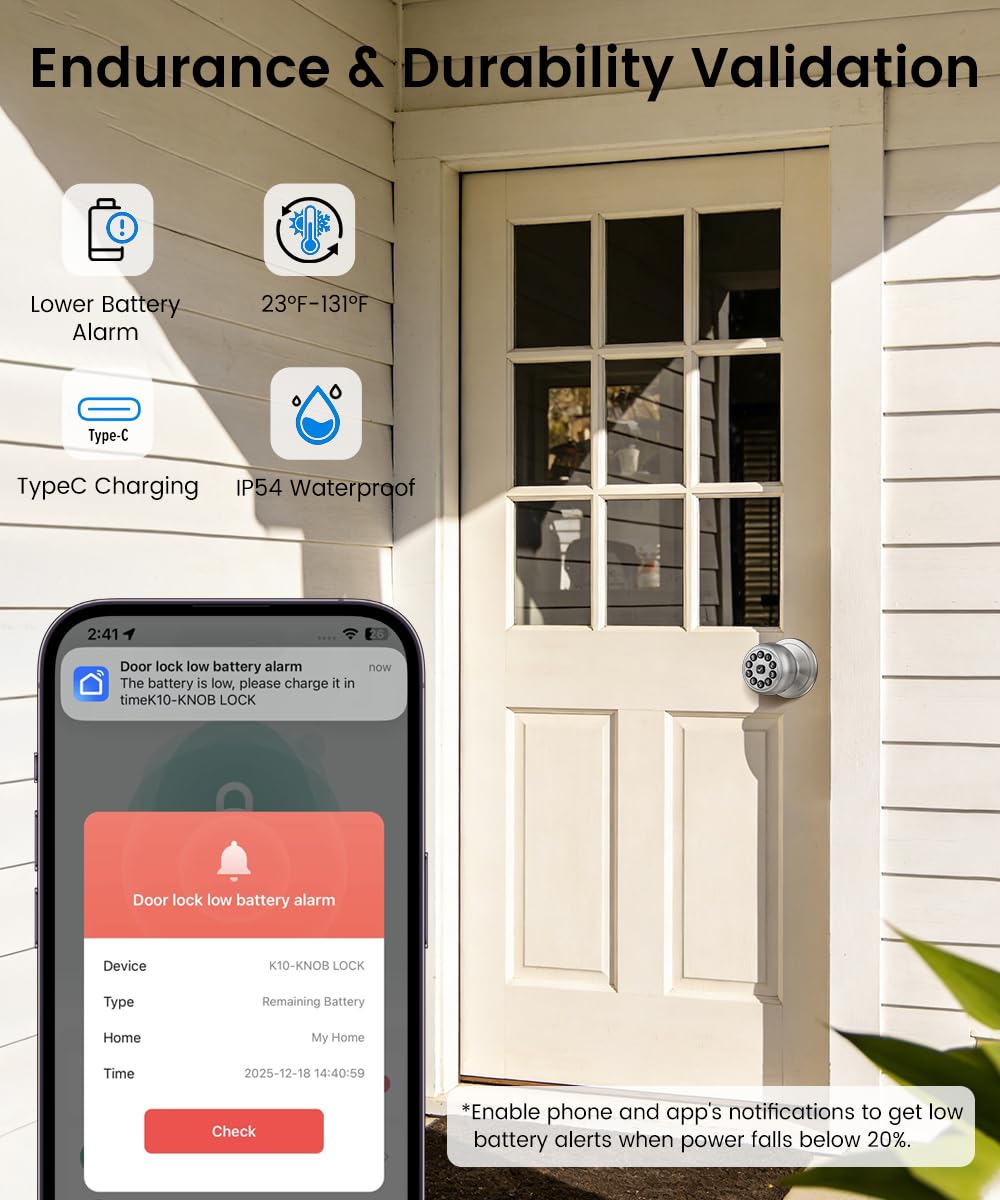 Smart Door Lock,Smart Keypad Door Knob with Lock,Bright Silver