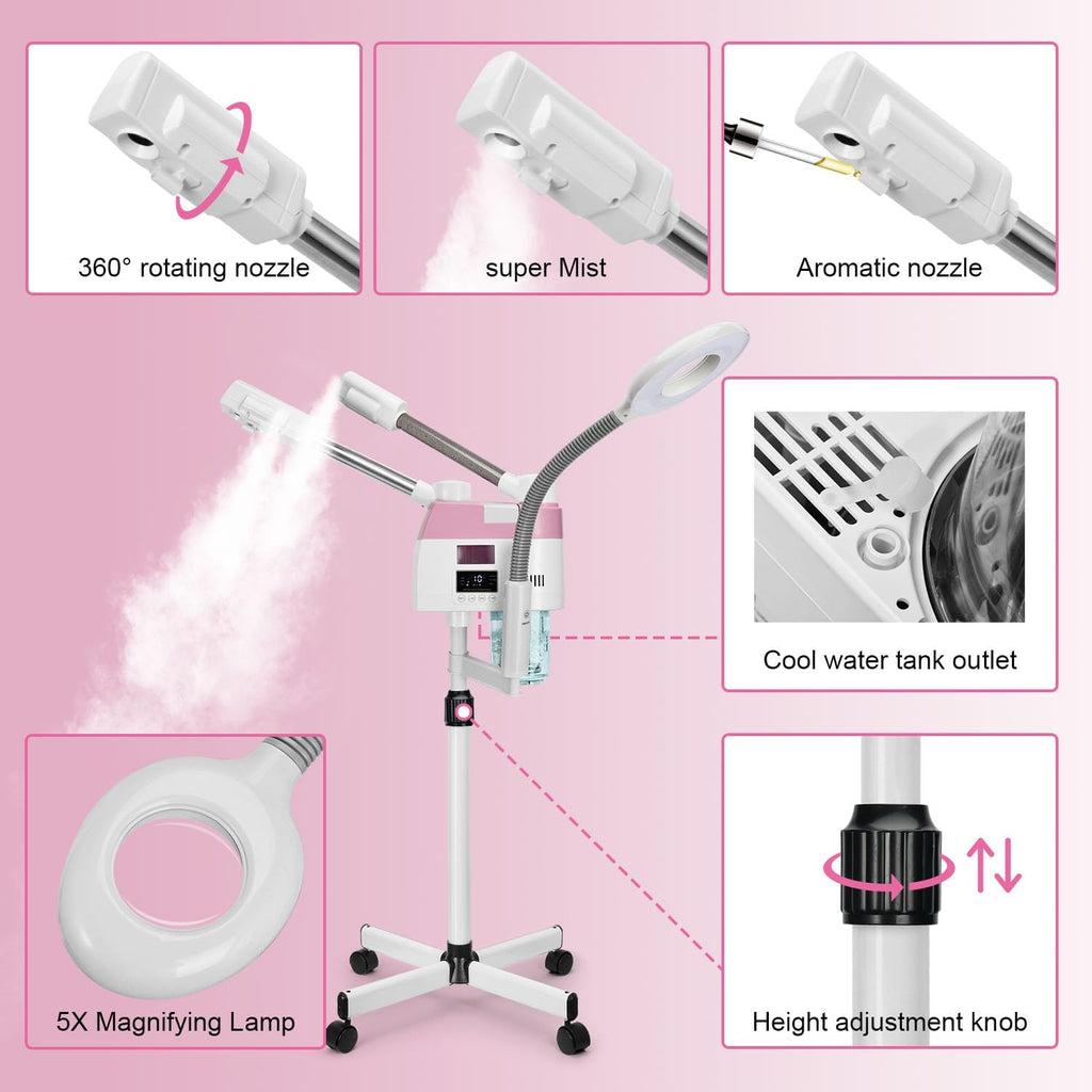 Professional Facial Steamer, 3 in 1 Facial Steamer with 5X Magnifying Lamp Hot&Cool Mist, Esthetician Steamer on