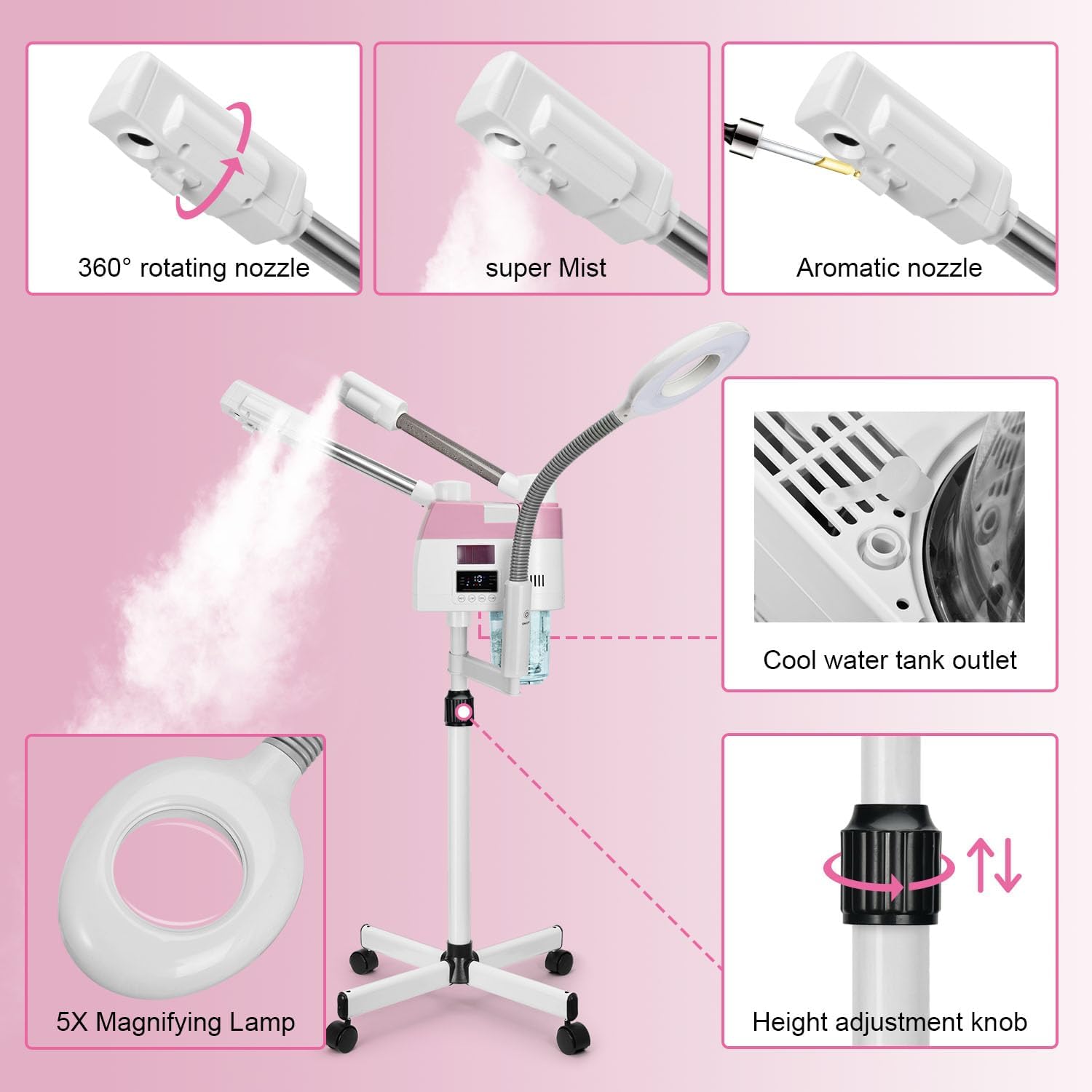 Professional Facial Steamer, 3 in 1 Facial Steamer with 5X Magnifying Lamp Hot&Cool Mist, Esthetician Steamer on