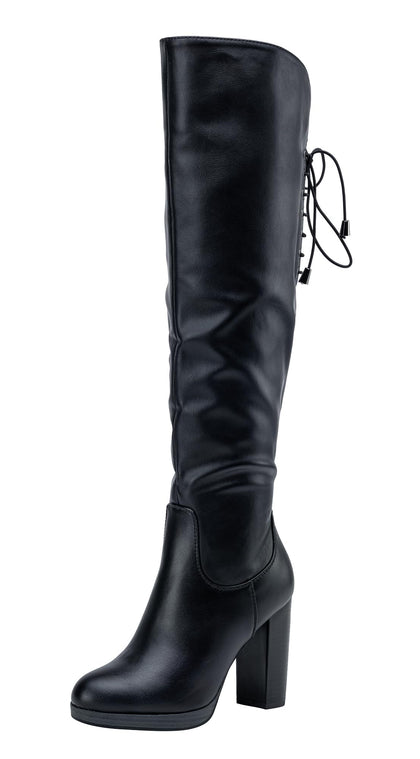 Women's Black PU Thigh High Chunky Platform Boots Size 8.5, 997